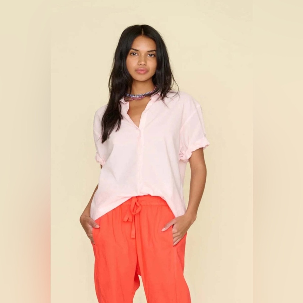 XiRENA Channing light pink pomelo Cotton‎ Top Button-Up Shirt short sleeve